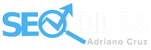 Logo do site Seo Dicas por Adriano Cruz. A logo tem um gráfico dentro de uma Lupa que remete autoridade e Resultados em SEO